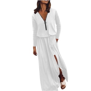 Lolmot Women Long Sleeve Casual Pure Colour Fall Swing Long Dresses Daily Party Beach Round Neck Summer Sundress Holiday, Gift