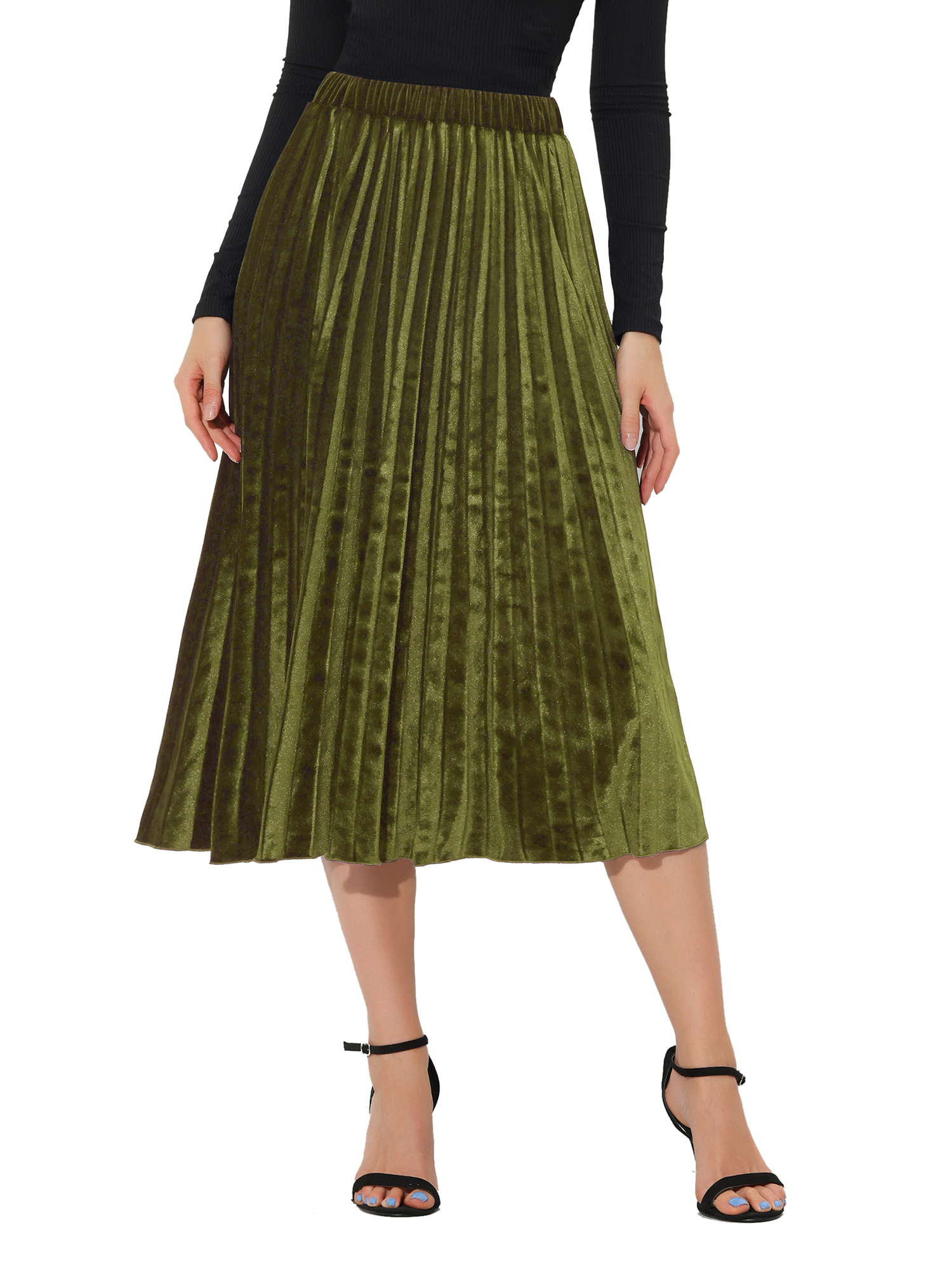 INSPIRE CHIC Jupe Plissée en Velours pour Femme à Taille Haute Élastique, Ourlet Évasé Évasé, TG Vert Armée