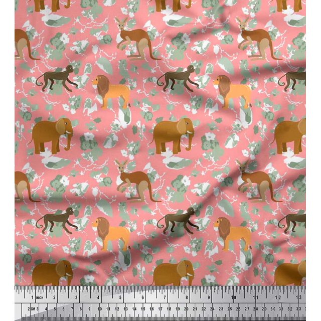 Soimoi Modal Satin Fabric Kangaroo,Elephant & Lion Animal Print Fabric by The Yard 42 Inch Wide