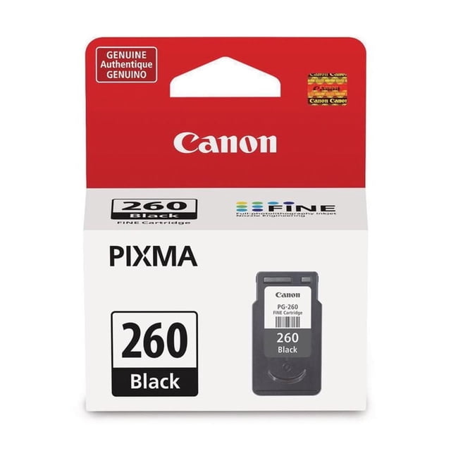 Canon PG-260260 Cartouche d'Encre Noire Originale pour Imprimantes PIXMA en Emballage Rouge et Blanc, Mettant en Vedette l'Étiquette Black et une image de la Cartouche d'Encre Noire, Idéale pour les Fournitures d'Imprimante et les Cartouches de Remplacement.