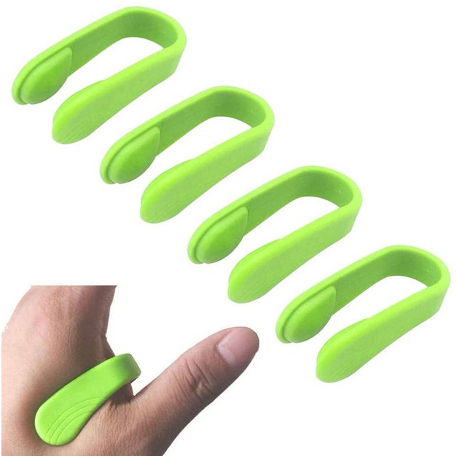 4 Pack Aculief Pressure Clip in green, designed for natural headache relief by applying pressure to the LI4 acupressure point. Made of silicone, these portable clips are comfortable, medicine-free, and suitable for travel or daily use. The image shows four clips and one in use on a thumb.