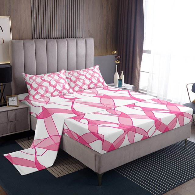 Erosebridal Pink Ribbon Sheet Set King, Stripes Bedding Sets King Size, Girls Bow Decor, 4 Pieces