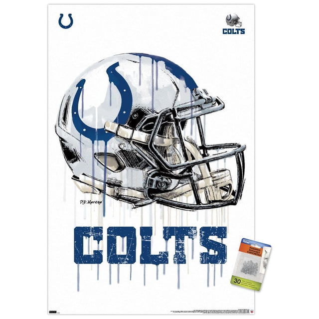 NFL Indianapolis Colts - Affiche Murale Drip Helmet 20, 22,375 Pouces x 34 Pouces Présentant une Vue avant Centrée d'Un Casque de football Blanc avec un logo de Fer à Cheval Bleu et un Masque Facial Noir, des Effets de Goutte de Peinture Bleue, et du Texte Colts Bleu Vieilli Ci-Dessous, Imprimé sur du Papier d'Affiche Lustré Convenant à la Décoration Intérieure à Thème Sportif.