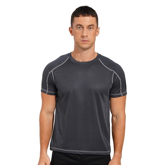 Moggemol Men's Rash Guard Swim Shirts Short Sleeve UPF 50+ Swimming Top Gym Workout Muscle Tee Tops Dark Grey L