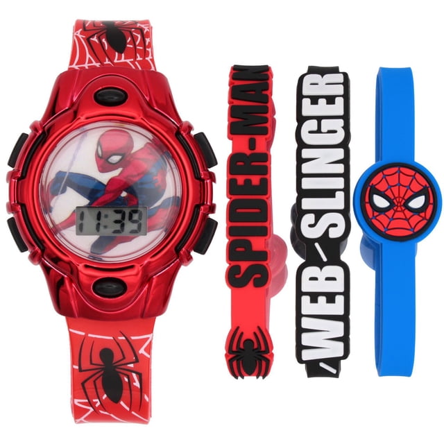 Marvel Spider-Man Kids’ Digital Watch with Interchangeable Straps – 3 Band Gift Set red plastic case with easy-to-read digital display, three interchangeable graphic bands: red 'SPIDER-MAN', black 'WEB-SLINGER', blue mask print, plastic buckle, battery included; suitable as a costume or travel accessory for ages 6+.
