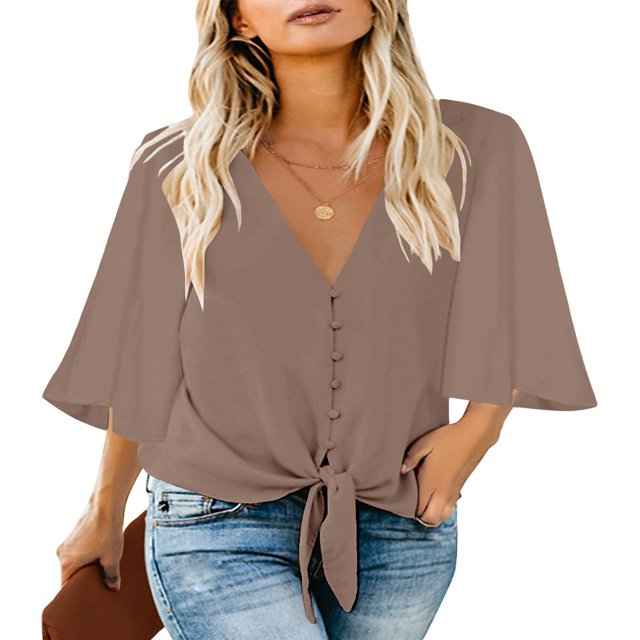 CHUANK Women‘s Button Down V Neck Tops Ruffled 3/4 Sleeve Tie Knot Front Blouses White Sizes S-2XL