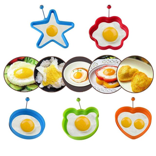 kurtrusly Moule à Œufs Frits en Silicone 5 Pcs Formes Différentes avec Poignée Antiadhésif