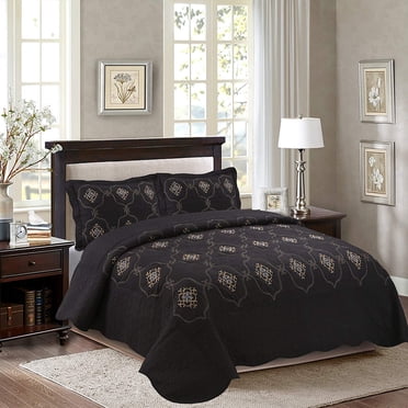 MarCielo Ensemble de 3 Pcs Courtepointes Entièrement Matelassées Brodées Couvre-Lits Couvre-Lits Couvre-Lits Ensemble Emma (Très Grand, Noir)