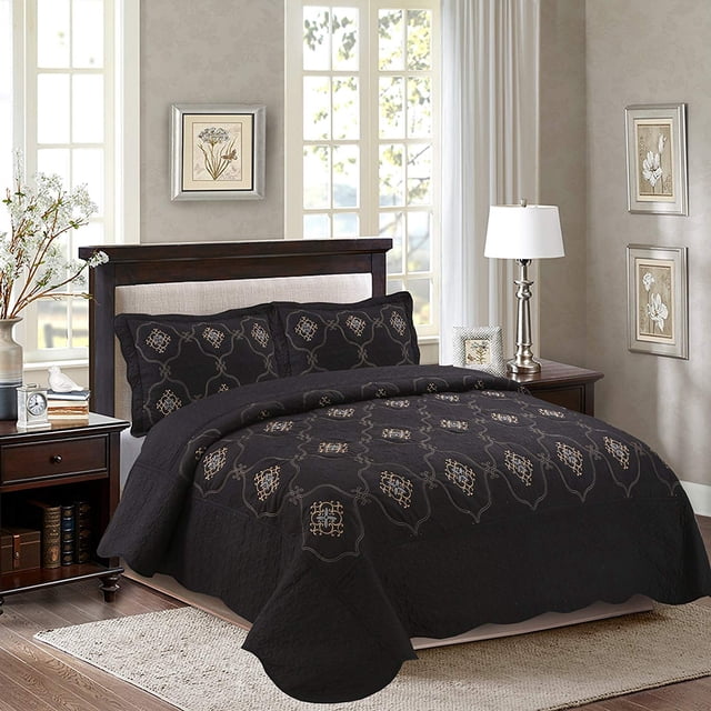 MarCielo 3-Piece Embroidery Quilt Bedspread Set, Queen Size, Black