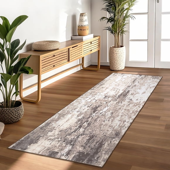 Modern Abstract Runner Rug – Washable, Non-Slip, Non-Shedding, Low Pile Accent Carpet for Kitchen, Hallway, Bedroom, Laundry – Mark Resistant, Collapsible – Brown, 2x6ft (61x183cm), USA Stock