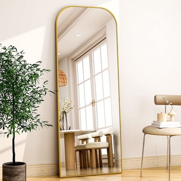 BEAUTYPEAK Miroir sur Pied Pleine Longueur 180 x 66 cm avec Bord Supérieur Arrondi Sécurisé, Doré
