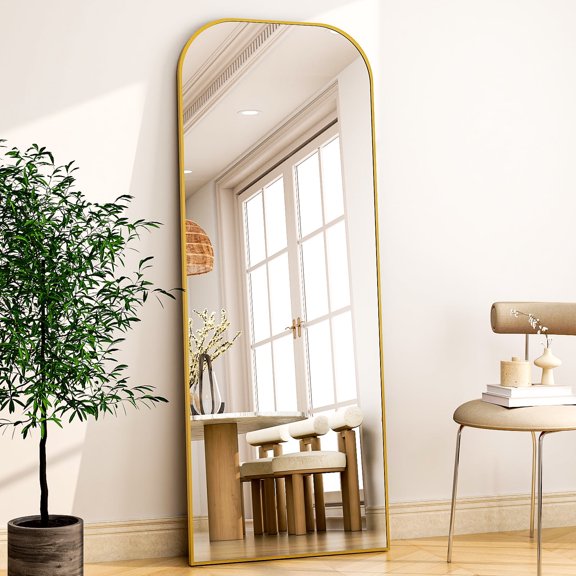 BEAUTYPEAK Miroir sur Pied Pleine Longueur 180 x 66 cm avec Bord Supérieur Arrondi Sécurisé, Doré