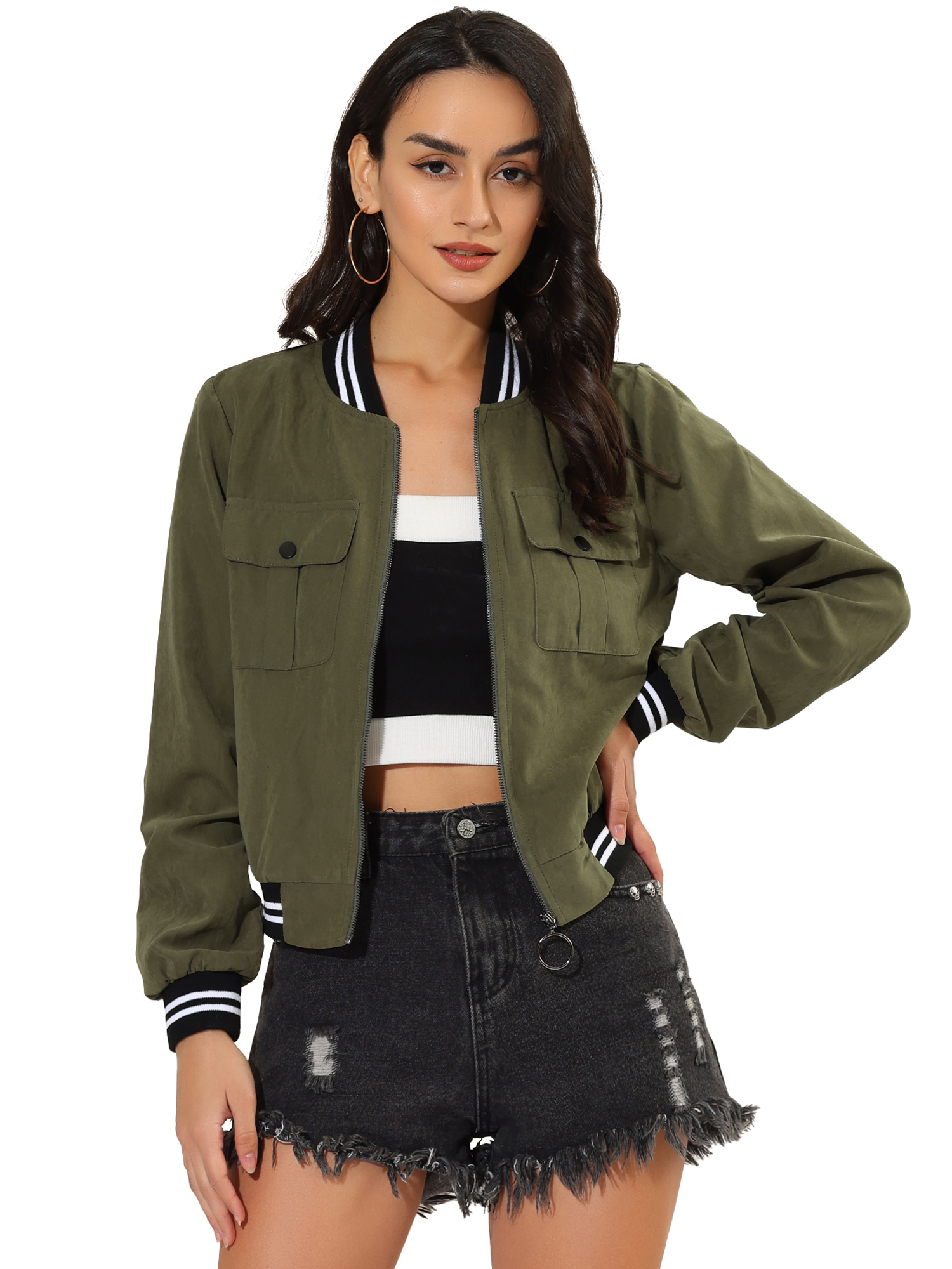 INSPIRE CHIC Veste pour Femme Col Montant Manches Longues Fermeture Éclair Poche à Rabat Blouson Bomber TG Vert Olive
