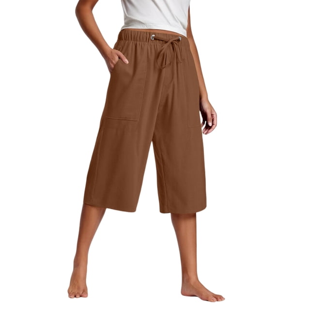 Kaemgyyd Womens Plus Size Capris Lounge Drawstring Cotton Linen Bermuda Shorts Flowy Wide Leg Beach Vaction Cropped Trousers