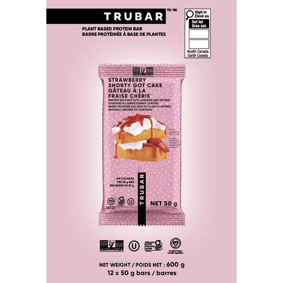 TRUBAR Strawberry Shorty Got Cake Vegan Protein Bars, 12x50g, 11g Fibre, Gluten Free, Plant Based, No Dairy or Soy, Non-GMO, 190 Calories