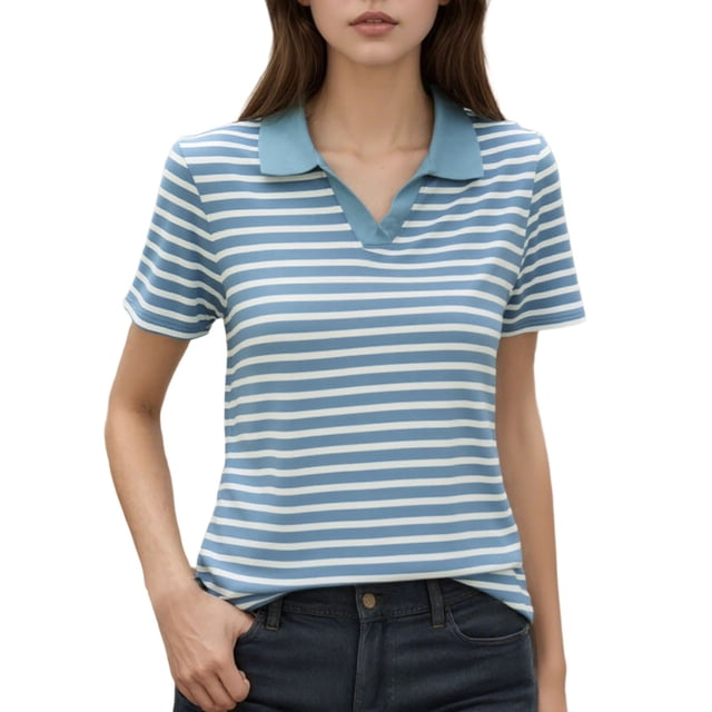 Fgnfyis T-Shirt à Manches Courtes Rayé pour Femme, Col Rond Décontracté, Haut pour Usage Quotidien Printemps Été Automne, Blouse Confortable avec Design de Col Classique, Hauts pour Femmes Décontractés Bleu Ciel TG