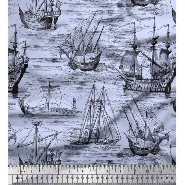 Soimoi Poly Georgette Fabric Waves & Ship Ocean Print Fabric by The Yard 42 Inch Wide