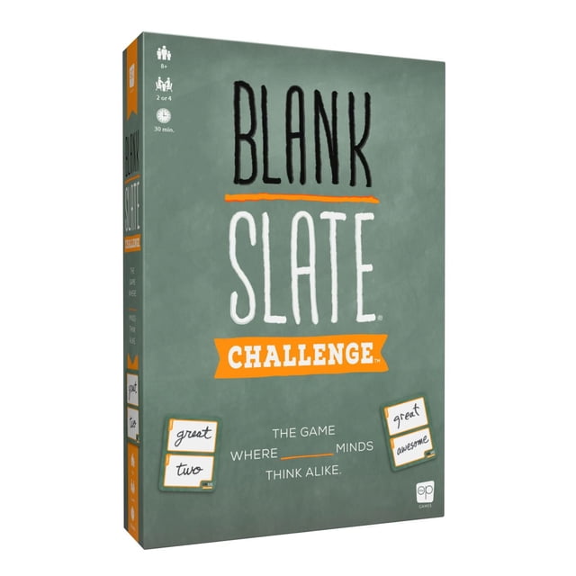 USAopoly Blank Slate Challenge Card Game box with a muted green background, featuring the title in black and white letters with an orange underline and banner. The front shows two small slates with handwritten words 'great' and 'two' on the left, and 'great' and 'awesome' on the right. The tagline reads 'The game where _____ minds think alike.' The box indicates it is for ages 8+, 2 to 4 players, and a 30-minute playtime.