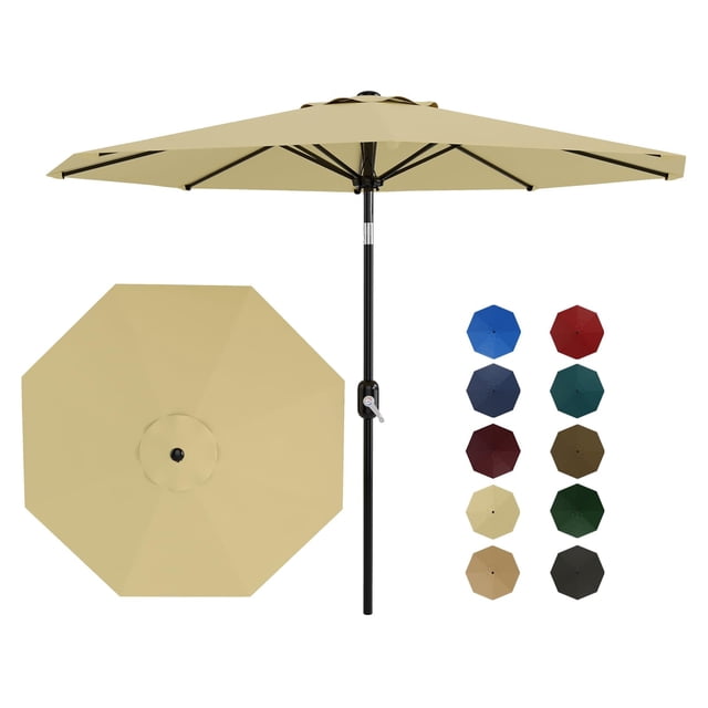 YUSAZENS Parasol de Table de Patio 10 Pieds Extérieur Protection UV Manivelle Levée Inclinaison à Bouton-Poussoir 8 Nervures Robustes pour Cour Terrasse Piscine Beige