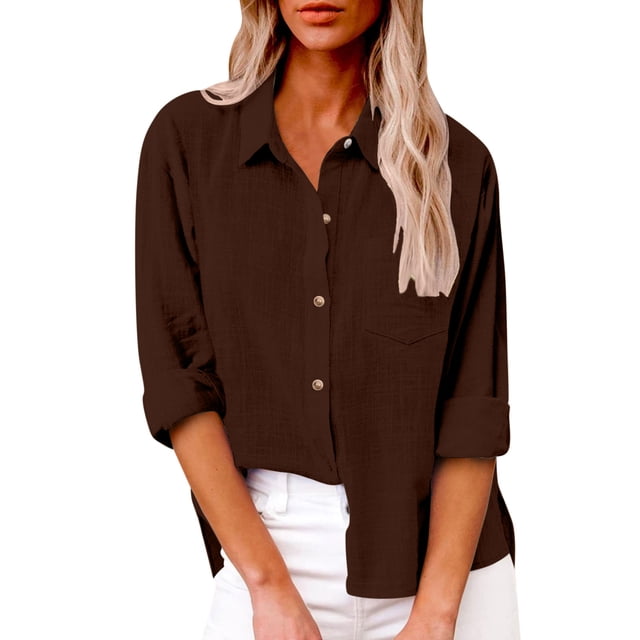 Yuyuzo Plus Size Tops for Women Long Sleeve Lapel Collared Cotton Linen Solid Color Button down Shirts with Pockets