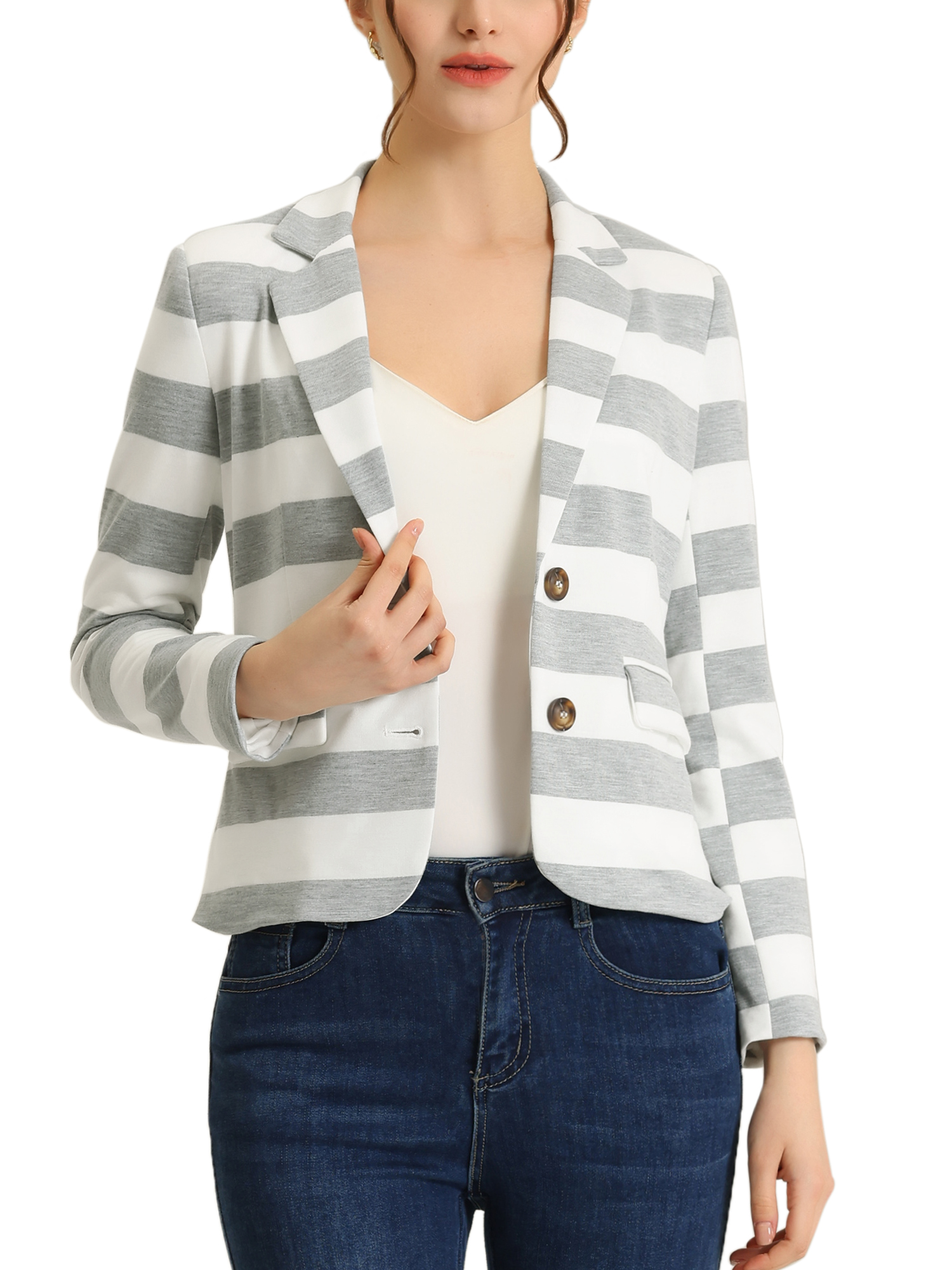 INSPIRE CHIC Women's Notched Lapel Long Sleeves Button Striped Blazer Light Grey XS