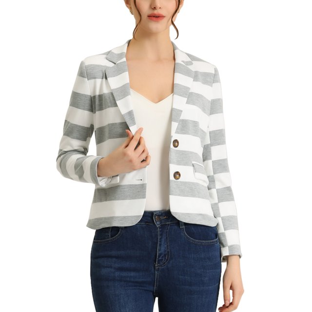 INSPIRE CHIC Women's Notched Lapel Long Sleeves Button Striped Blazer Light Grey L