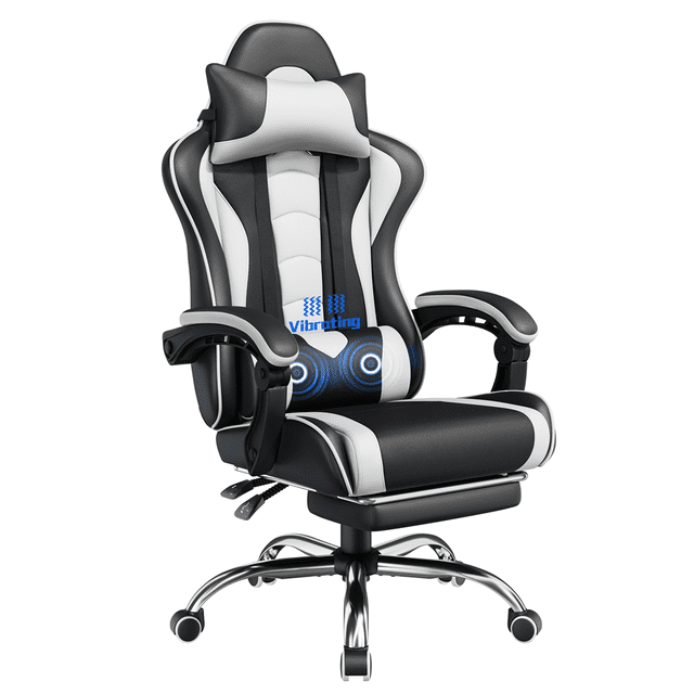 Yaheetech High Back Ergonomic Gaming Chair with Slide Out Footrest in black and white. Features include a 29.5-inch high backrest with contoured sides, adjustable recline from 90° to 135°, and seat height from 19 to 22.6 inches. Includes a retractable padded footrest, massage lumbar cushion, removable headrest pillow, and cushioned armrests. Made with durable PU leather and a chrome-plated iron base with smooth-rolling casters. Suitable for gaming, working, or relaxing, with a maximum weight capacity of 300 lbs.