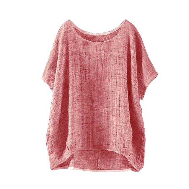Hot Sale!!Women's Summer Short Sleeve Solid Casual Loose Linen Top