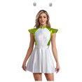 thumbnail image 1 of LiiYii Ensemble de Costume d'Alien de l'Espace pour Femmes, Robe Mini Évasée Trapèze à Manches Cap, avec Cheveux, Argent Vert, P, 1 of 8