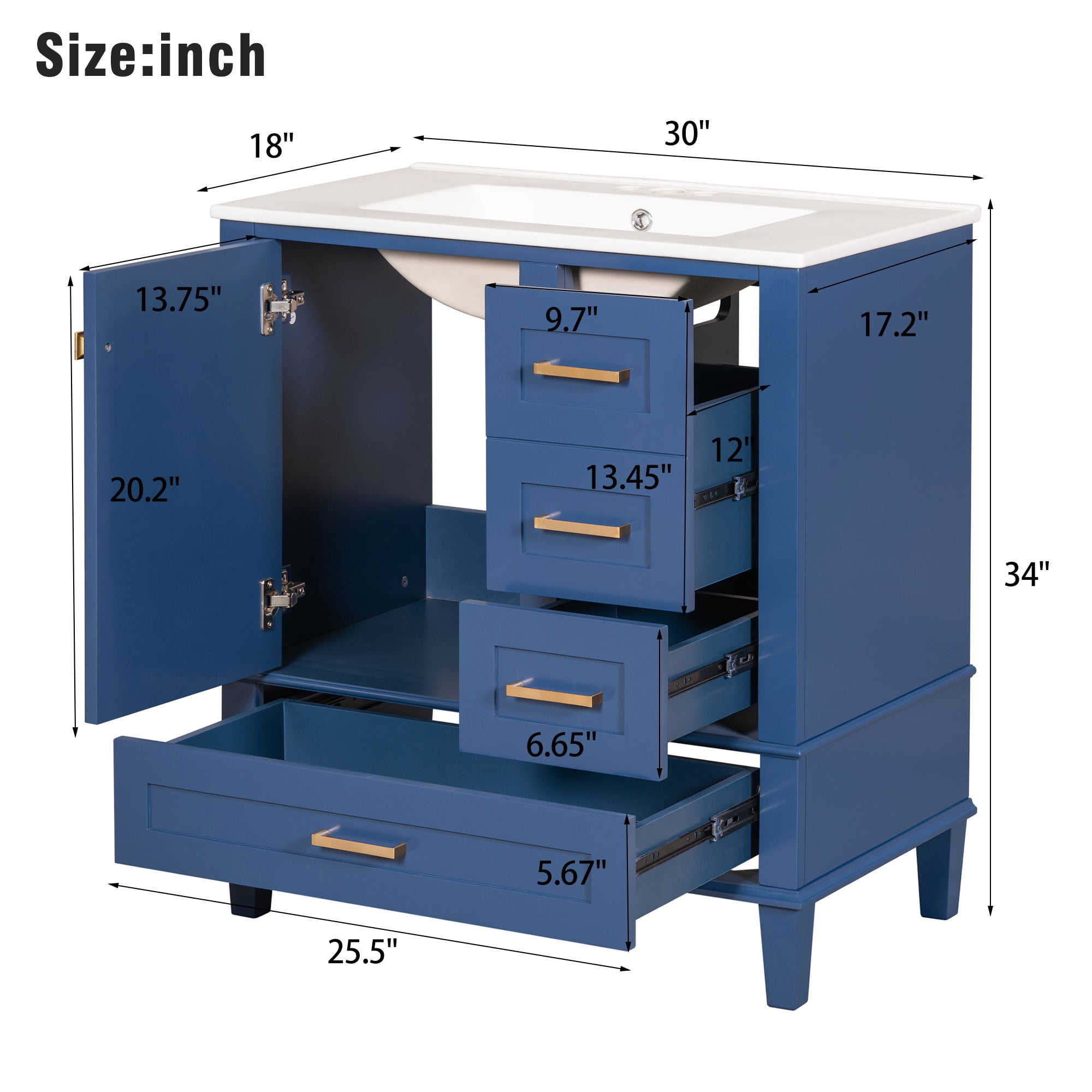 Homy Casa – Ensemble meuble-lavabo de salle de bain moderne bleu de 30 pouces, avec lavabo en céramique, structure en bois massif, porte et tiroirs à fermeture progressive
