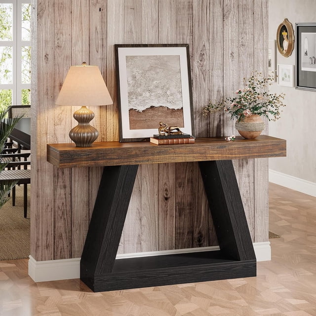 Tribesigns 55" Farmhouse Console Table, Wood Sofa Table with Storage for Hallway, Living Room,Brown & Black