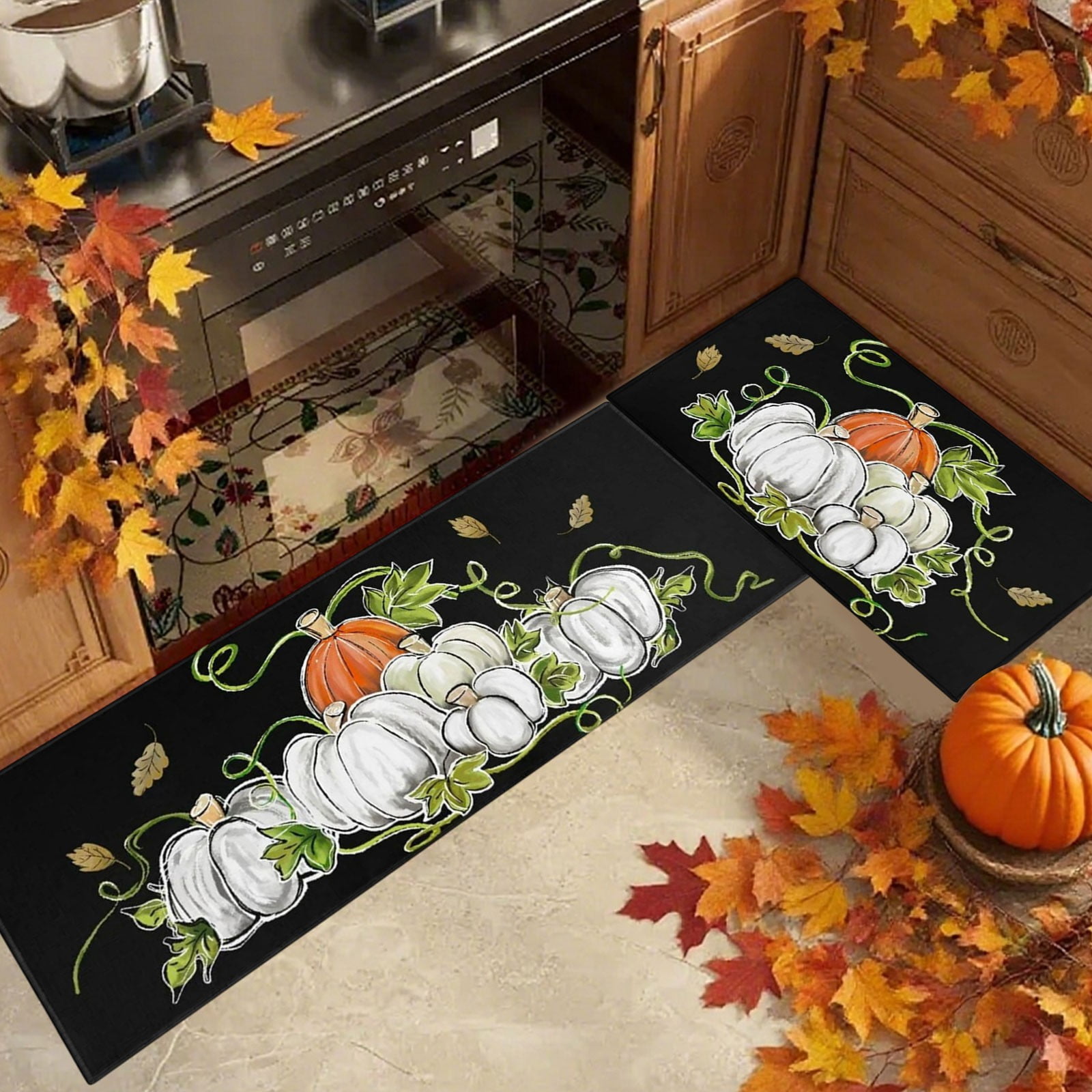 Fall Pumpkin Maple Leaf Floor Mat Two Piece Set Halloween Thanksgiving Decorative Floor Mat Bathroom Kitchen Mat Porch Carpet Long Strip Foot Mat Entr