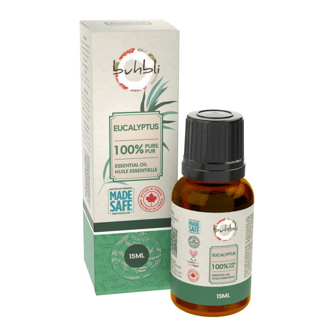 Buhbli Brands 100% Pure Eucalyptus Essential Oil 15ml amber glass bottle with black cap and matching green and white box featuring eucalyptus leaf design, MADE SAFE certification, cruelty-free and vegan logos, and Canadian quality seal.