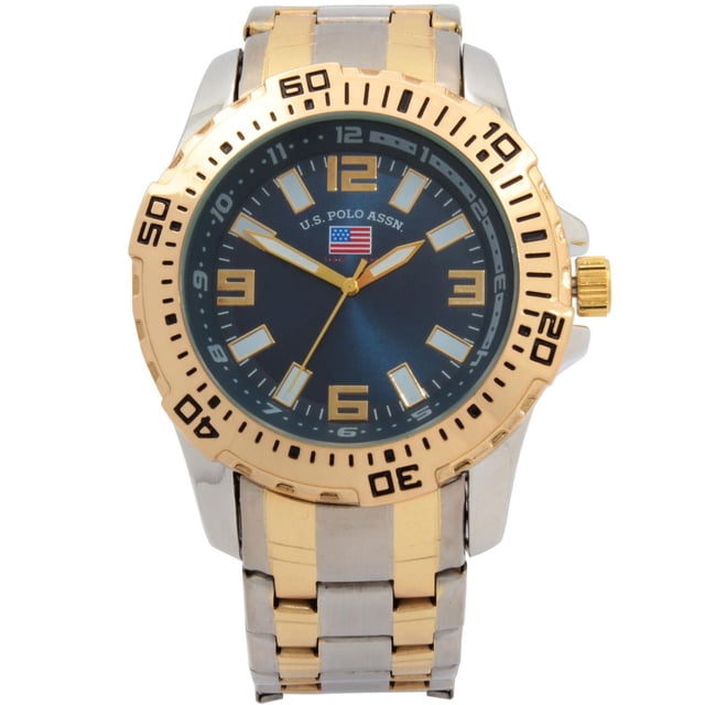 U.S Polo Assn. Men's Analog Oversize Two Tone Watch with a 50mm gold and silver metal bracelet, blue dial with gold luminescent hands and hour markers, quartz movement, and stainless steel case back, suitable for versatile day or night wear.