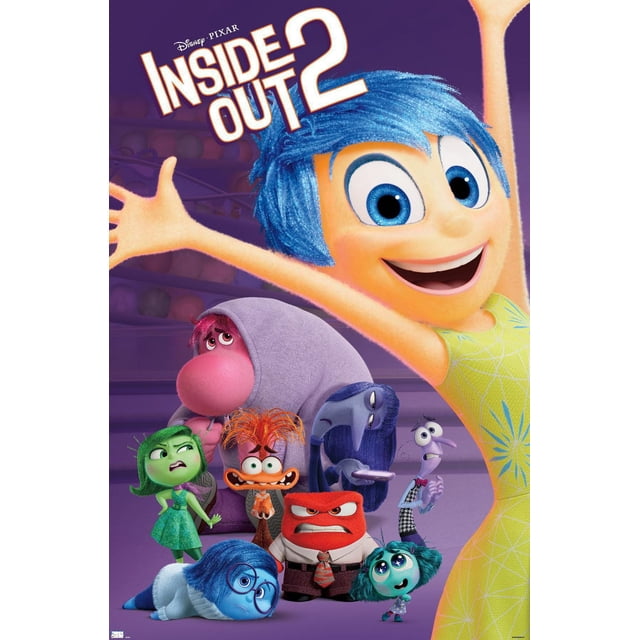 Disney Inside Out 2 - Affiche Murale de Groupe Présentant une Oeuvre Brillante et Haute Résolution de Personnages Animés du film Incluant la Joie dans une Robe Jaune avec les Bras Levés, la Tristesse Allongée sur le Sol, la Colère avec un Visage Rouge et une Cravate, le Dégoût en Vert, la Peur dans un Gilet à Carreaux, et d'Autres Personnages à Émotions sur un Fond Violet, Convient pour Décorer des Chambres, des Bureaux Ou des Résidences Étudiantes.