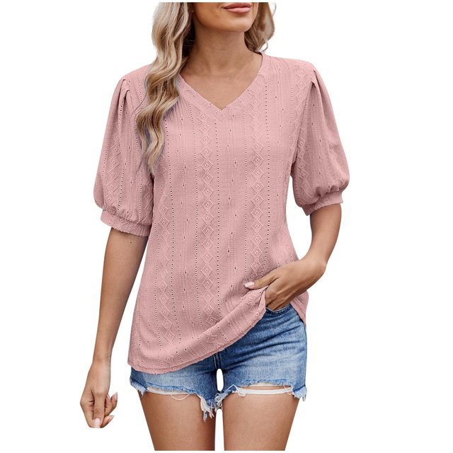 Annhoo Hauts d'Été pour Femmes 2025 Blouses à Col Rond à Œillets Manches Bouffantes Décontractées Tendance Unies pour Sortir
