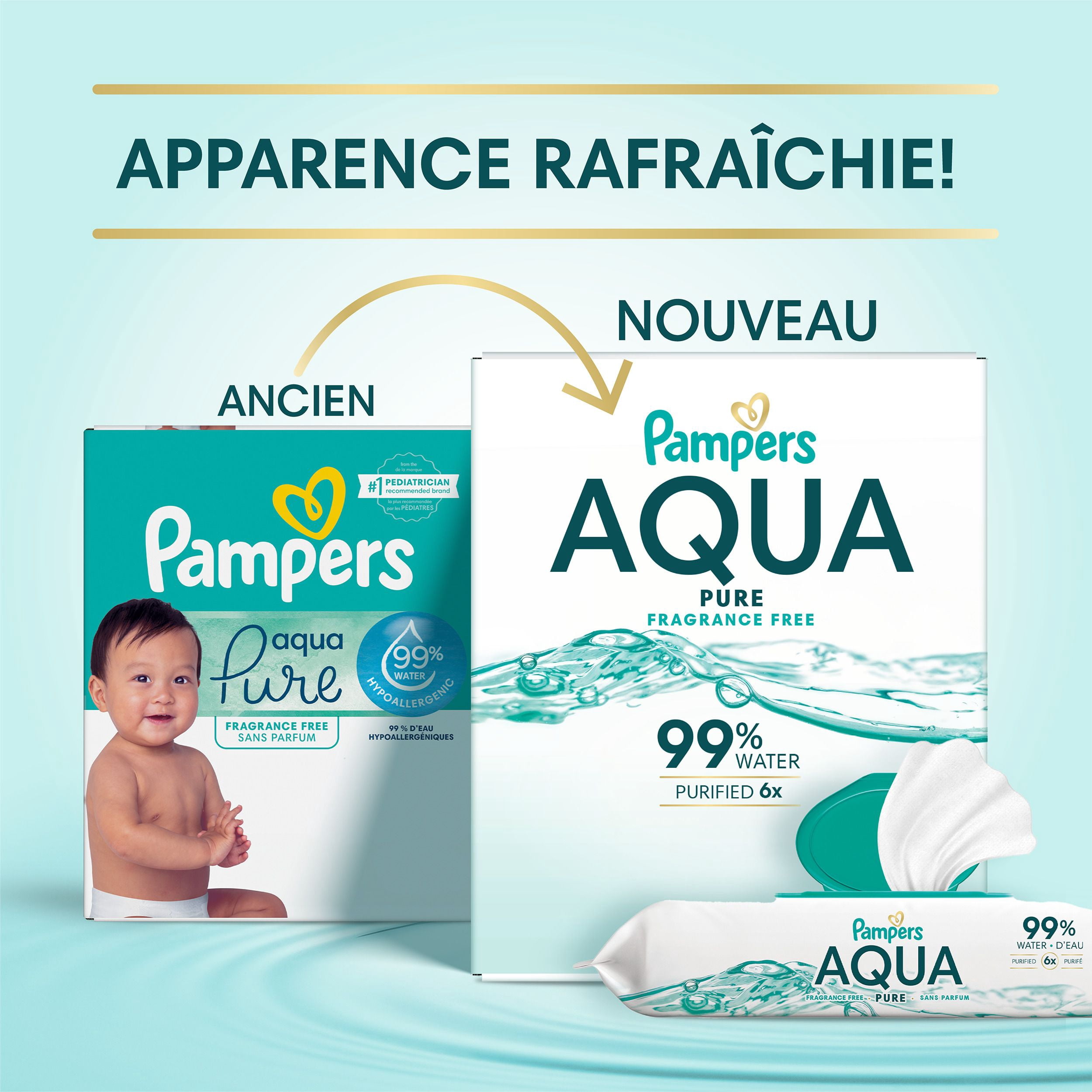 Lingettes pour bébés Pampers Aqua Pure, 99 % d’eau, sans parfum, non parfumées, à base d’eau, lingettes pour bébés à usage multiple, total de 112 lingettes pour bébés (2X emballages rabattables)