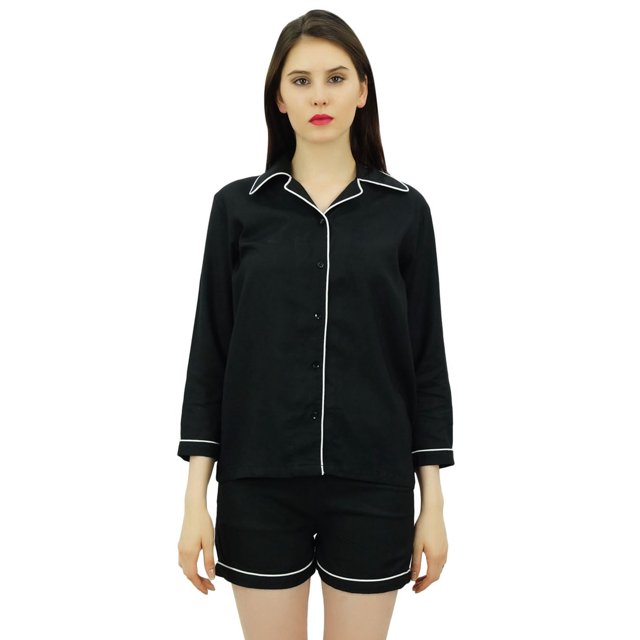 Bimba Ensemble de Pyjama pour Femme Combinaison de Nuit Vêtement de Nuit Chemise Boutonnée en Coton et Pantalon Tenue de Nuit
