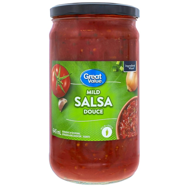 Great Value Mild Salsa in a 645 mL clear glass jar with a black lid, containing chunky red tomato salsa with jalapeño, garlic, and onion. The green label shows mild heat rating and Ingredient Wise certification, ideal for dipping or Mexican dishes.