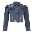 thumbnail image 4 of CEHVOM Veste en Denim pour Femmes, Courte, à Revers, Effilochée, à Boutons, à Manches Bouffantes, Coupe Ajustée, 4 of 8