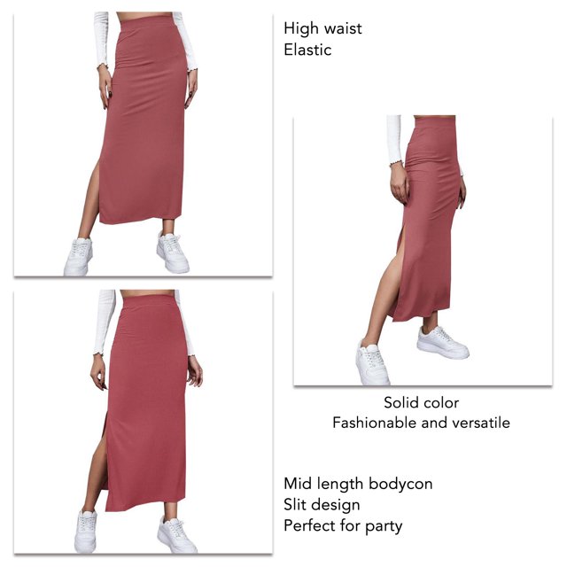 Slit Long Skirt, Bodycon Long Skirt Solid Color Elastic Easy Matching For Vacation Green,Red,Brownness,Brown,Black