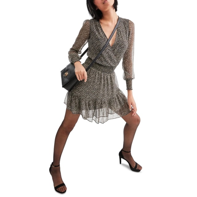 Michael Kors Womens Animal-Print Fit & Flare Mini Dress, Brown, Medium