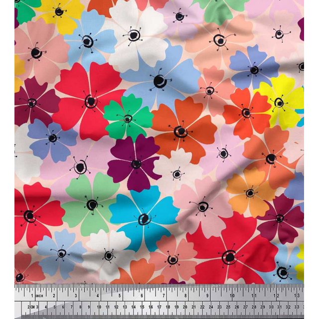 Soimoi polyester Crepe Fabric Artistic Flower Print Fabric by the Yard 52 Inch Wide
