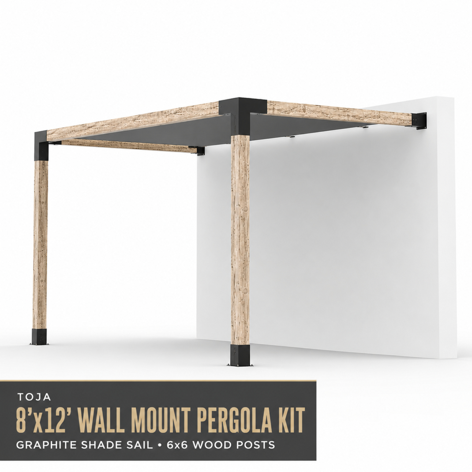 Kit de pergola murale Toja 10'x12' avec voile d’ombre en graphite pour poteaux en bois 6x6