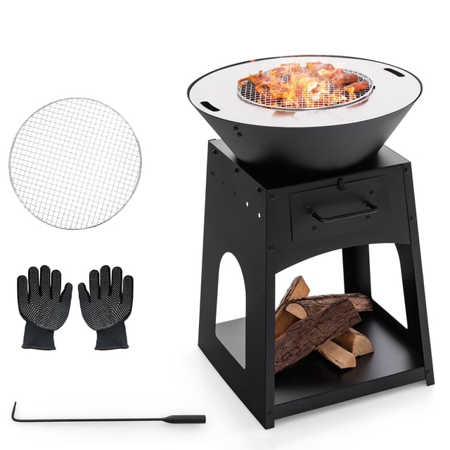 Gymax Patio Fire Pit w/ Firewood Log Rack Outdoor Wood Burning Fireplace w/ Grill & Ash Box
