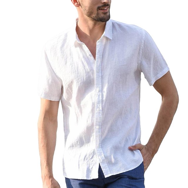 Mens Linen Short Sleeve Summer Solid Shirts Casual Loose Dress Soft Tops Tee