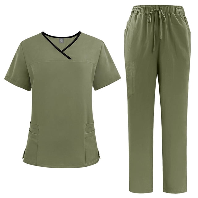 Ensemble de Sarrau Jogger 2 Pcs pour Femmes, Uniformes d'Infirmière Classiques et Tendance, Hauts à Manches Courtes à Encolure Croisée et Pantalons, Uniforme Médical, Vert Armée, TG