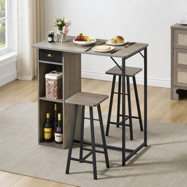 Bingirl Grey Bar Table and Chairs Set, Dining Table Set, 3pcs Kitchen Dining Table Set with Storage Drawer & Shelf, Pub Table and Chairs Set for Small Spaces and Apartments