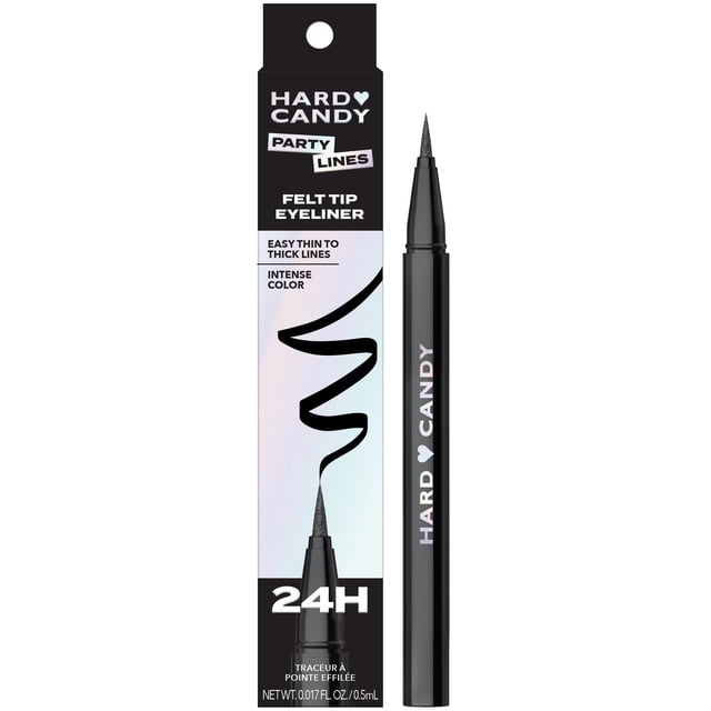 Hard Candy Traceur pour les Yeux à Pointe Feutrée, Tenue 12 H, Mettant en Valeur un Stylo Traceur Liquide à Pointe Feutrée Noire avec une fine Pointe Pointue à Côté de Son Emballage Qui Met en Valeur des Lignes Fines à Épaisses, Couleur intense, Formule Imperméable et Port Résistant aux Bavures pendant 12 Heures pour une application Précise du Maquillage des Yeux.