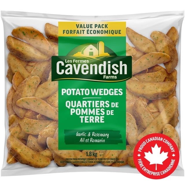 Cavendish Farms Garlic and Rosemary Potato Wedges value pack showing seasoned frozen potato wedges with garlic and rosemary flakes visible through clear packaging, labeled as a proud Canadian company, suitable as a frozen side or snack.